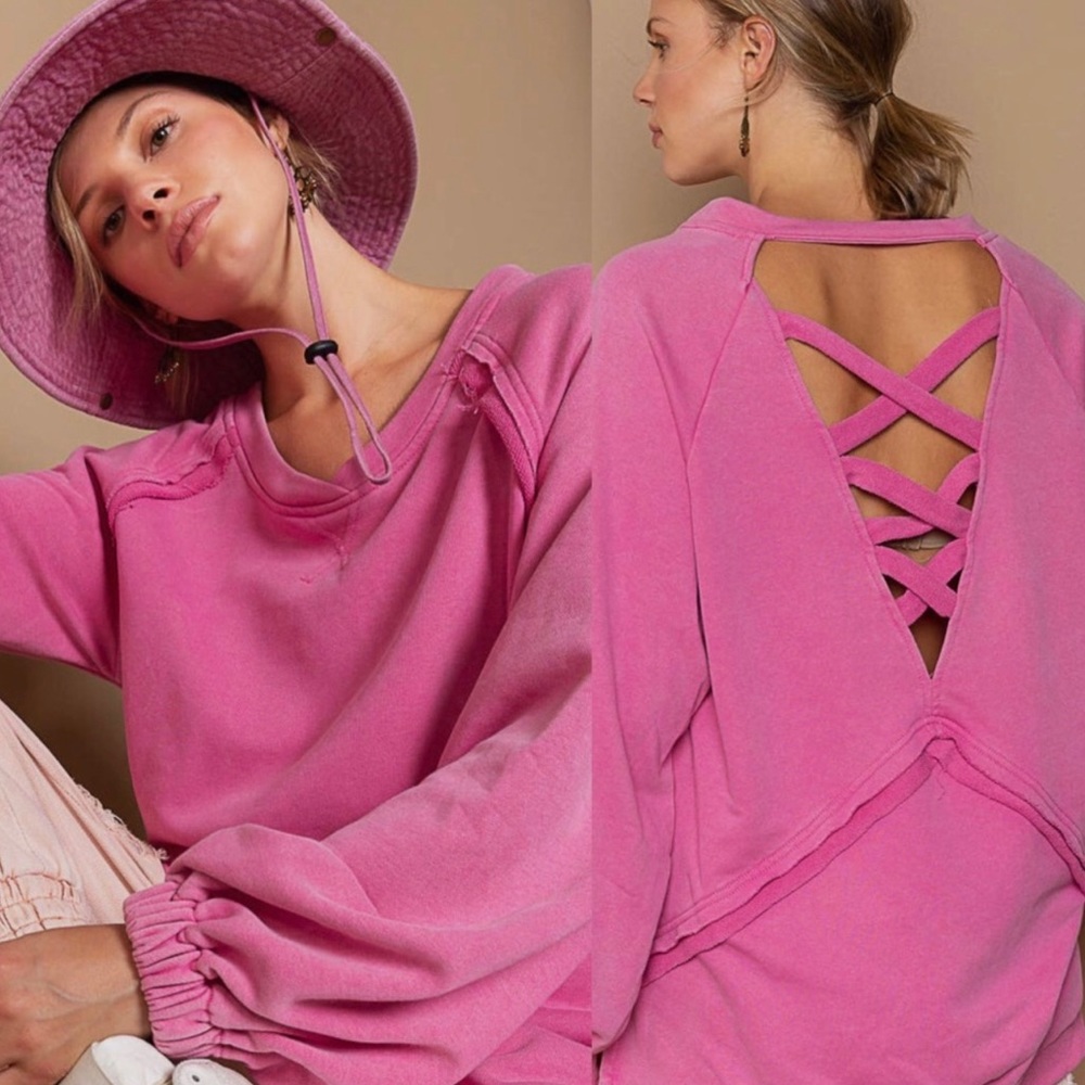 POL Hot Pink Crisscross Back Sweatshirt | Open Back | Slouchy Oversized Fit - Picture 1 of 6